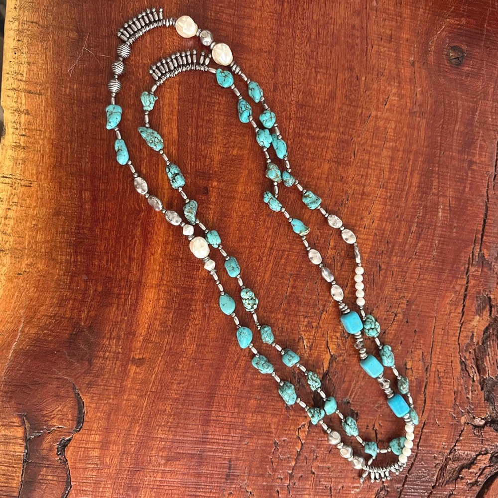 Turquoise‎ Beaded Necklace Long Strand Women White Silver Southwestern Boho